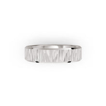 Platinum or white-gold men's wedding ring with a textured band on a white background. By Meaden Master Jewellers. Award-winning team of Jewellers, based in Auckland, New Zealand.