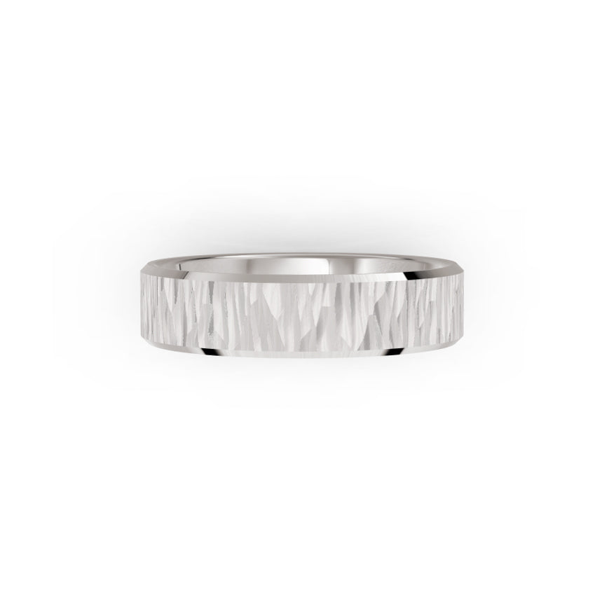 Platinum or white-gold men's wedding ring with a textured band on a white background. By Meaden Master Jewellers. Award-winning team of Jewellers, based in Auckland, New Zealand.