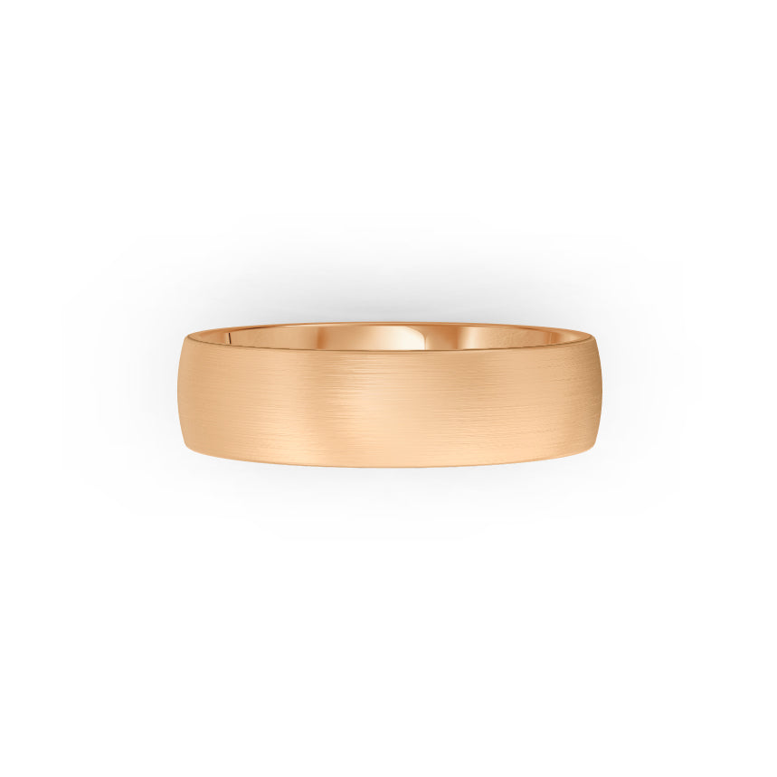 Rose-gold men's wedding ring with a brushed finish on a white background. By Meaden Master Jewellers. Award-winning team of Jewellers, based in Auckland, New Zealand.