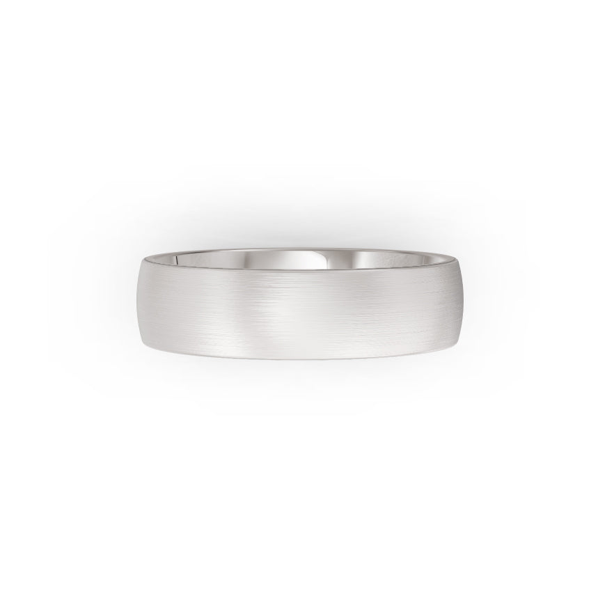 Platinum or white-gold men's wedding ring with a brushed finish on a white background. By Meaden Master Jewellers. Award-winning team of Jewellers, based in Auckland, New Zealand.