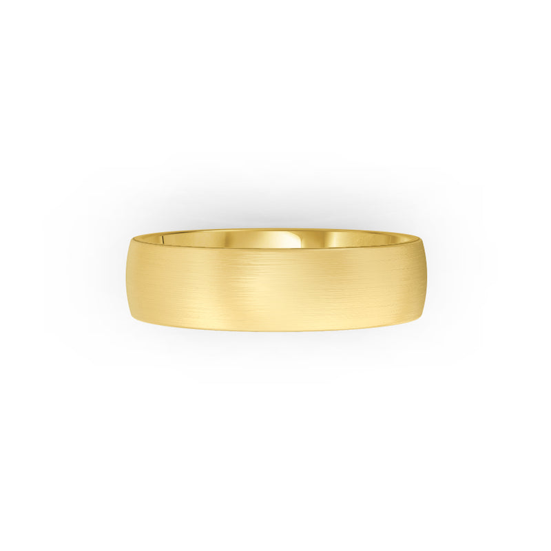 Yellow-gold men's wedding ring with a brushed finish on a white background. By Meaden Master Jewellers. Award-winning team of Jewellers, based in Auckland, New Zealand.