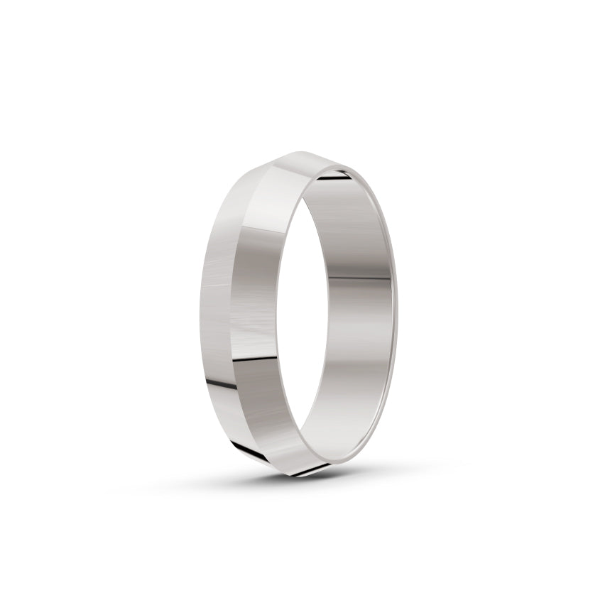 Platinum or white-gold men's wedding ring with a polished finish on a white background. By Meaden Master Jewellers. Award-winning team of Jewellers, based in Auckland, New Zealand.