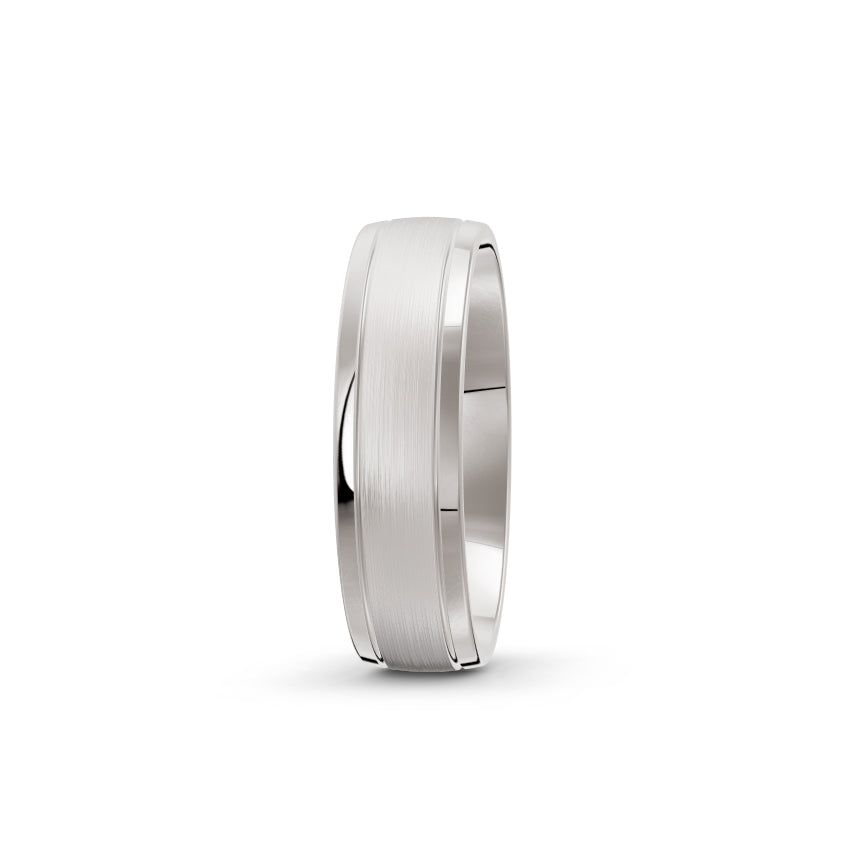 Brushed platinum or white-gold men's wedding ring, by Meaden Master Jewellers. Features polished edges. Award-winning team of Jewellers, based in Auckland, New Zealand.