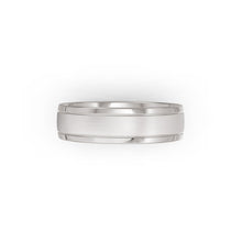 Brushed platinum or white-gold mens's wedding ring, by Meaden Master Jewellers. Features polished edges. Award-winning team of Jewellers, based in Auckland, New Zealand.