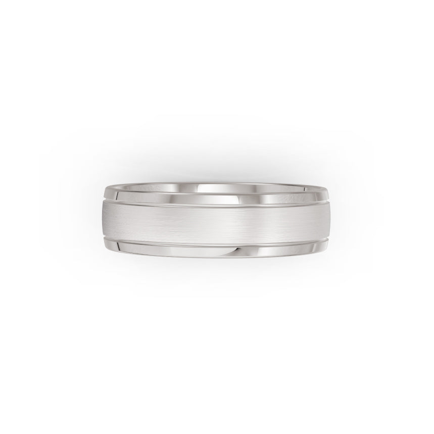 Brushed platinum or white-gold mens's wedding ring, by Meaden Master Jewellers. Features polished edges. Award-winning team of Jewellers, based in Auckland, New Zealand.