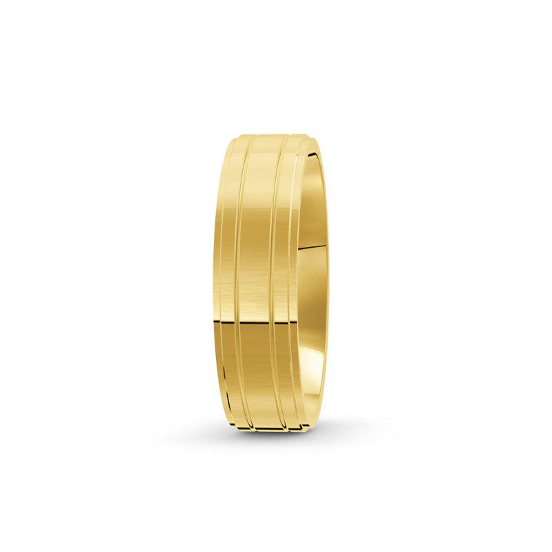 Gold wedding ring with a brushed finish and two grooves on a white background. Auckland, New Zealand. 