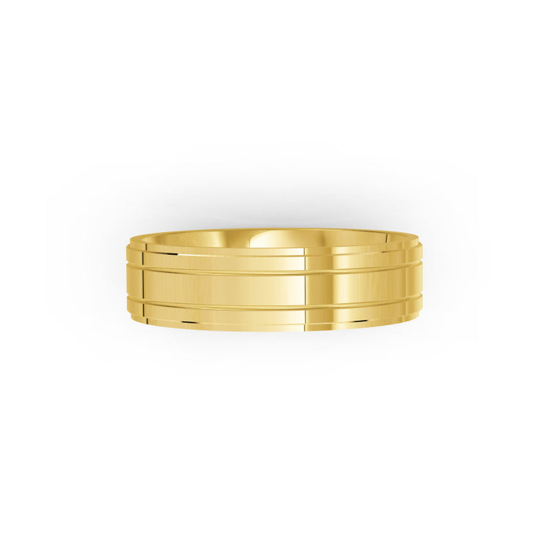 Men's gold wedding band, Auckland, New Zealand. Featrures two grooves down the wedding band. 