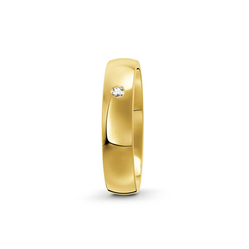 Yellow-gold wedding ring with small diamond on a white background. By Meaden Master Jewellers. Award-winning team of Jewellers, based in Auckland, New Zealand.