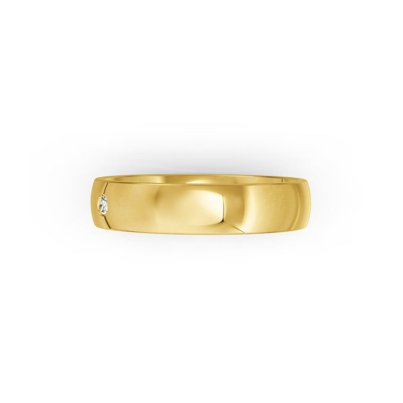 Yellow-gold wedding ring with small diamond on a white background. By Meaden Master Jewellers. Award-winning team of Jewellers, based in Auckland, New Zealand.
