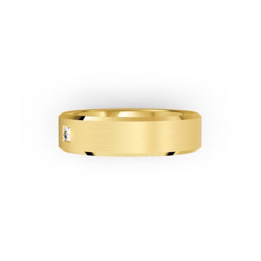 Brushed yellow-gold wedding ring with a small diamond, by Meaden Master Jewellers. Award-winning team of Jewellers, based in Auckland, New Zealand.