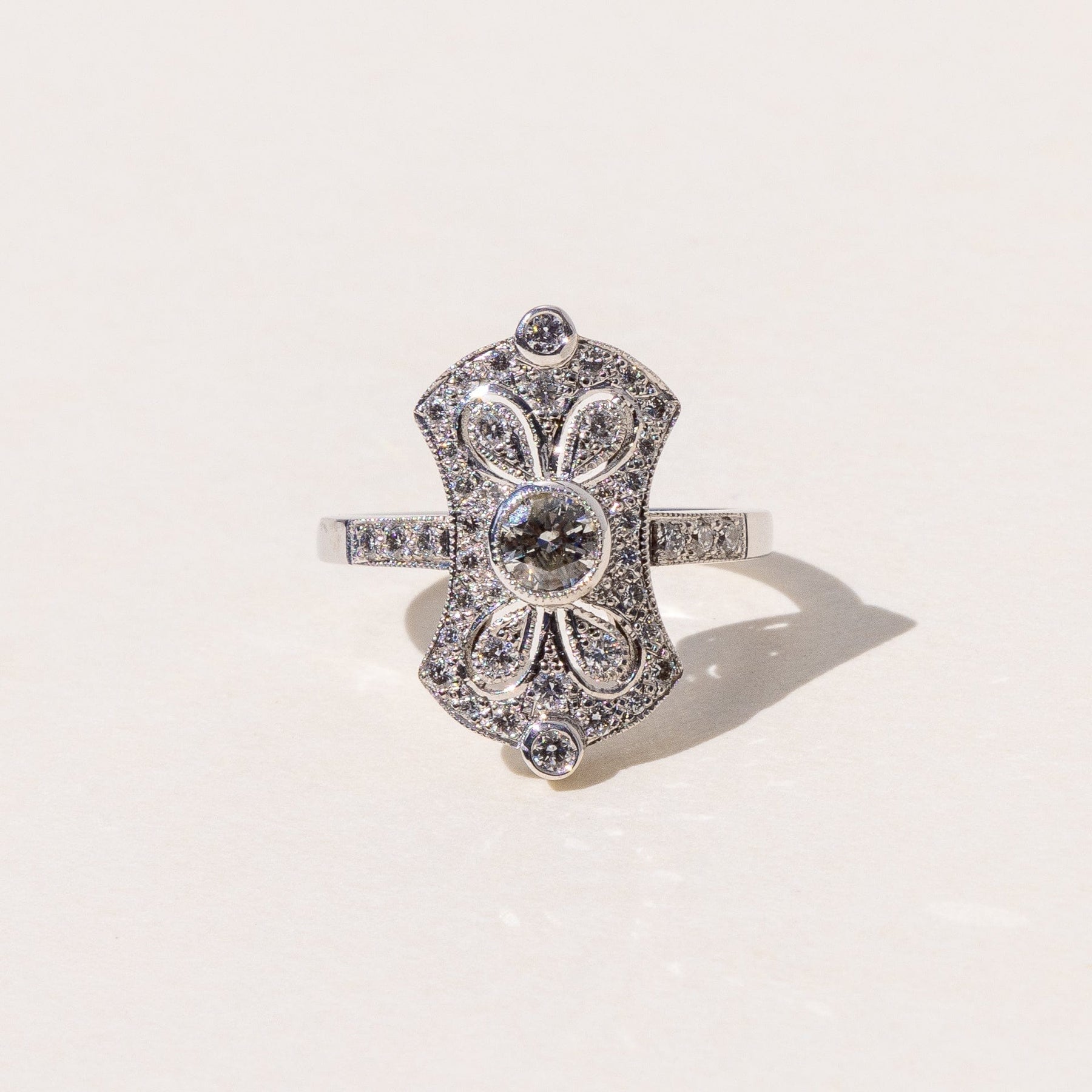Custom Designed Art Deco inspired Diamond and White Gold ring 