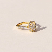 Bespoke Oval Diamond Engagement Halo Ring set in 18ct Yellow Custom made at our On-site Workshop