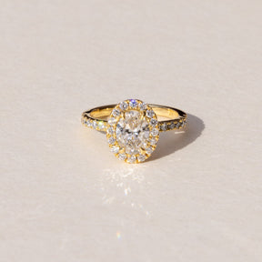 Handmade Oval Diamond Engagement Halo Ring set in 18ct Yellow Custom made at our On-site Workshop