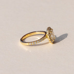  18ct Yellow Custom made Bespoke Oval Diamond Engagement Halo Ring made at our On-site Workshop