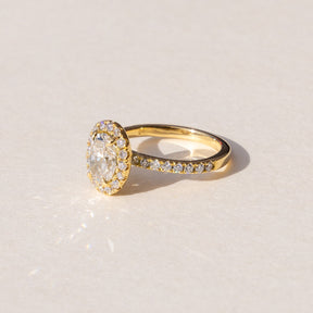 Bespoke Oval Diamond Engagement Halo Ring set in 18ct Yellow Custom made at our On-site Workshop