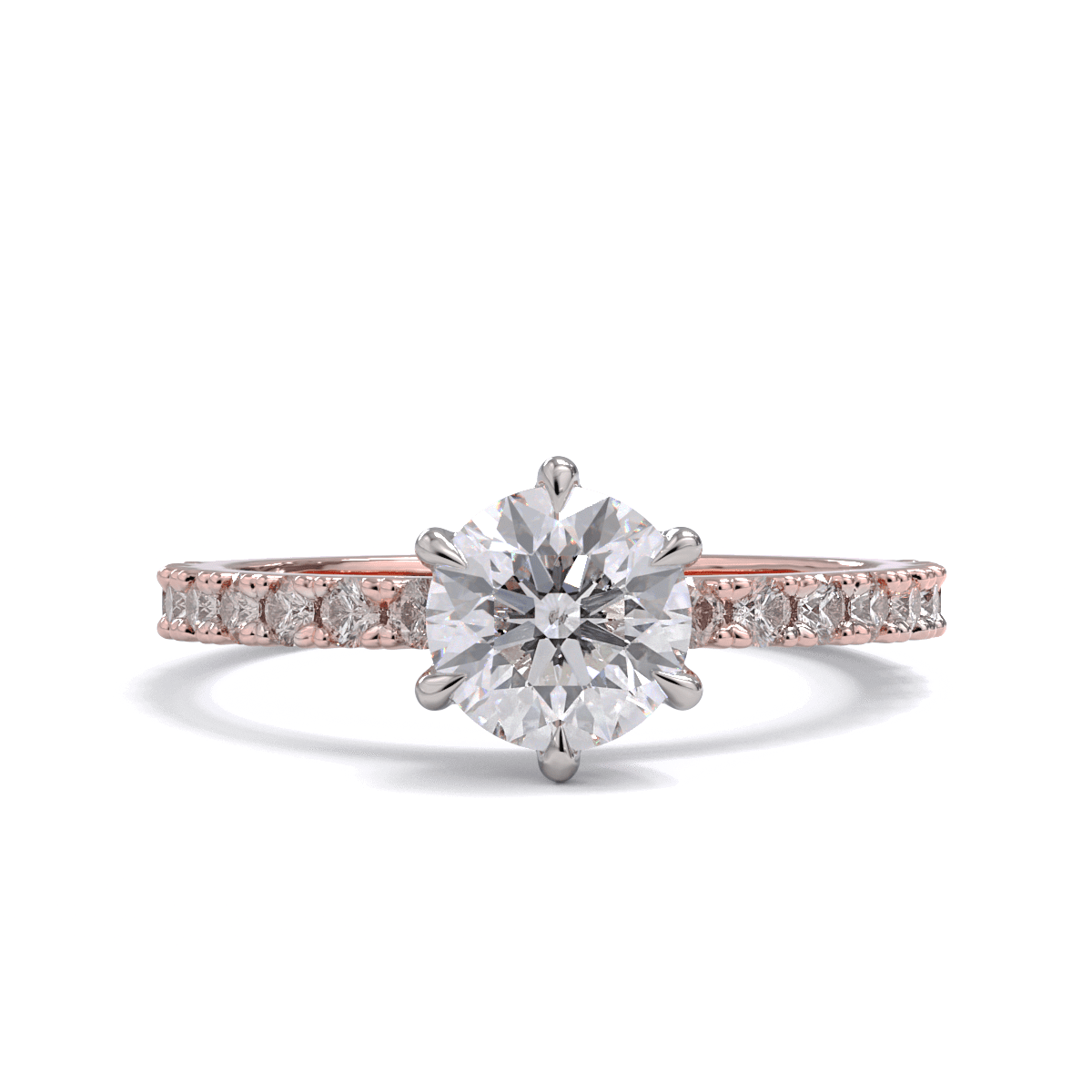 A round brilliant diamond solitaire ring with diamond pave on the band, set in a platinum on a rose gold band.