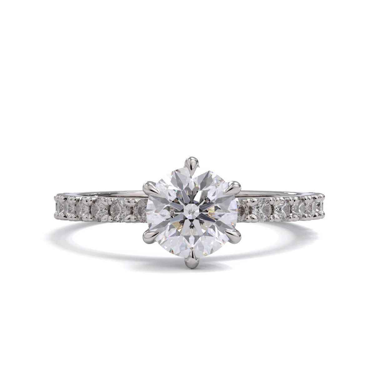 A round brilliant diamond solitaire ring with diamond pave on the band, set in a platinum or white gold.